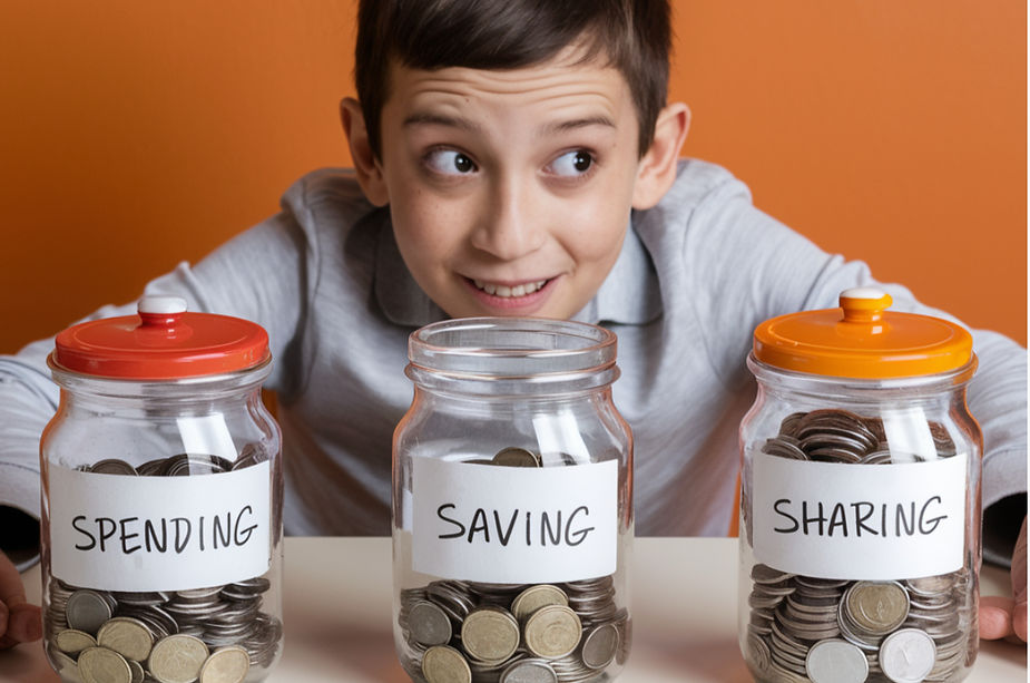 a boy sits at a table with three jars of coins in front of him. On each jar is one word:  spending, saving, and sharing. 