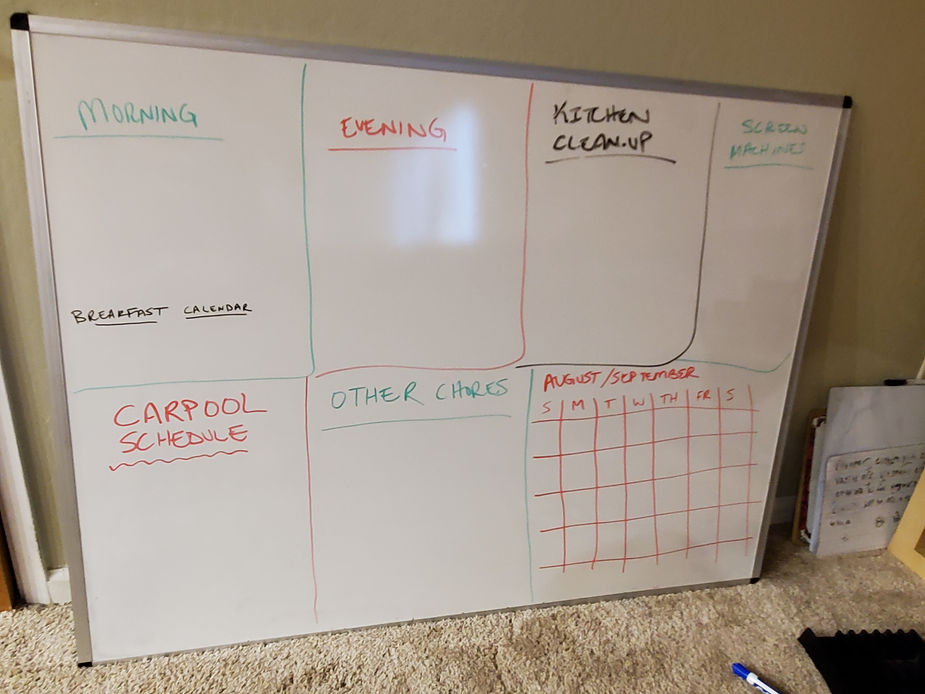 The image shows a large whiteboard divided into sections, each labeled with different categories to help organize a family's schedule and chores for the school year. The sections are: Morning; Breakfast, Calendar, Evening; Kitchen Clean-Up, Screen Machine, Carpool Schedule, Other Chores, August/September Calendar; A grid with the days of the week: S, M, T, W, Th, F, S