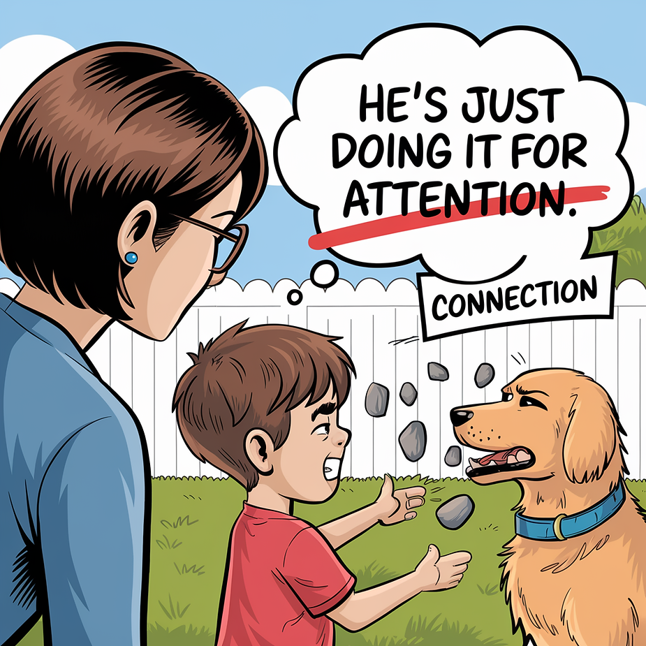 The image shows a boy throwing stones at a dog, with a thought bubble: "He's just doing it for attention," where "attention" is crossed out and replaced with "connection."