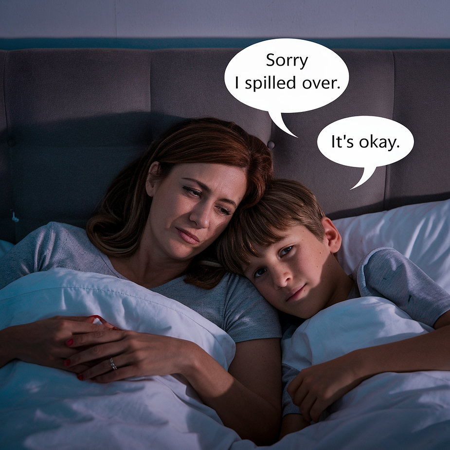 A mother and her son lie in bed under a white blanket, sharing a quiet moment. The mother, looking emotional, rests her head against her son's, while he gazes calmly ahead. In speech bubbles, she says, "Sorry I spilled over," acknowledging her emotions, and he responds reassuringly, "It's okay." The scene captures a heartfelt exchange of understanding and connection between them.