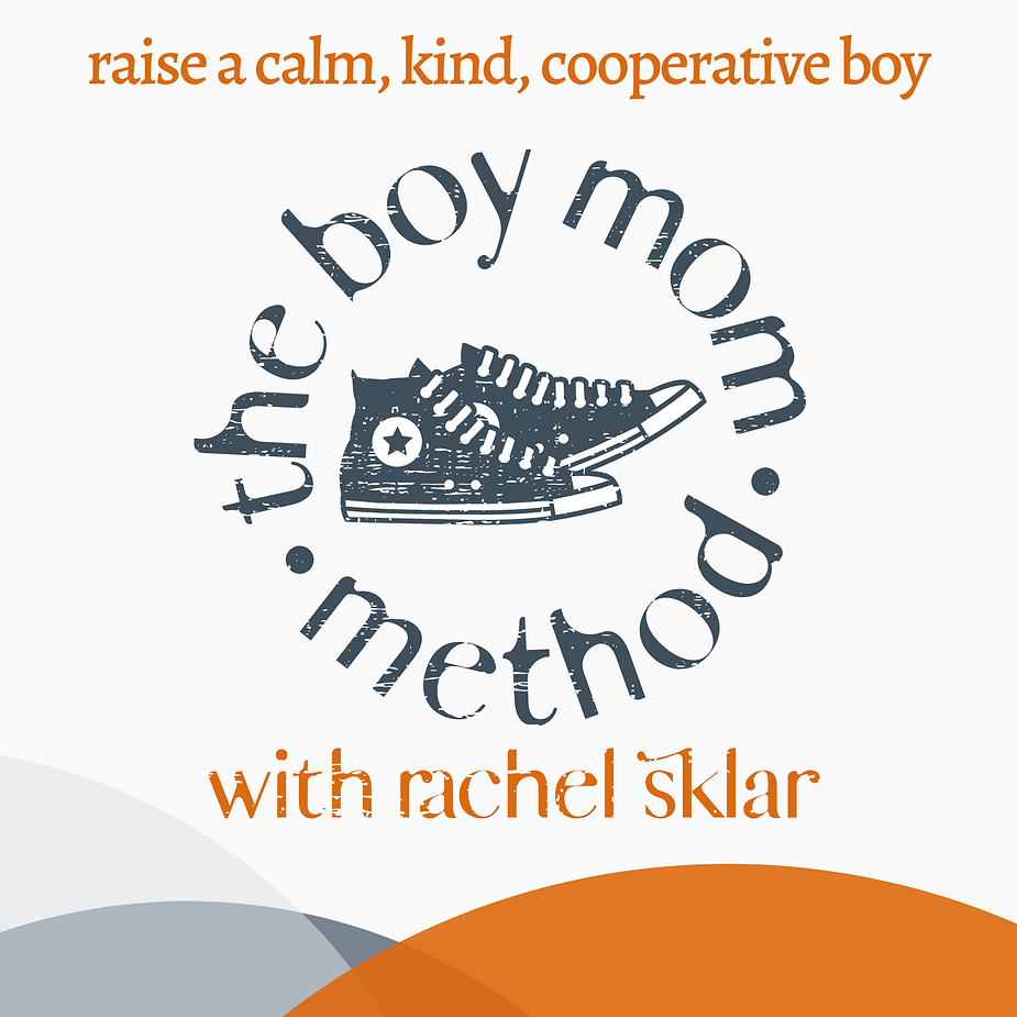 The image shows the Boy Mom logo in blue, with the phrase "Raise a Calm, Kind, and Cooperative Boy" above it and "Rachel Sklar" below the logo. The background is a blend of white, gray, and orange.